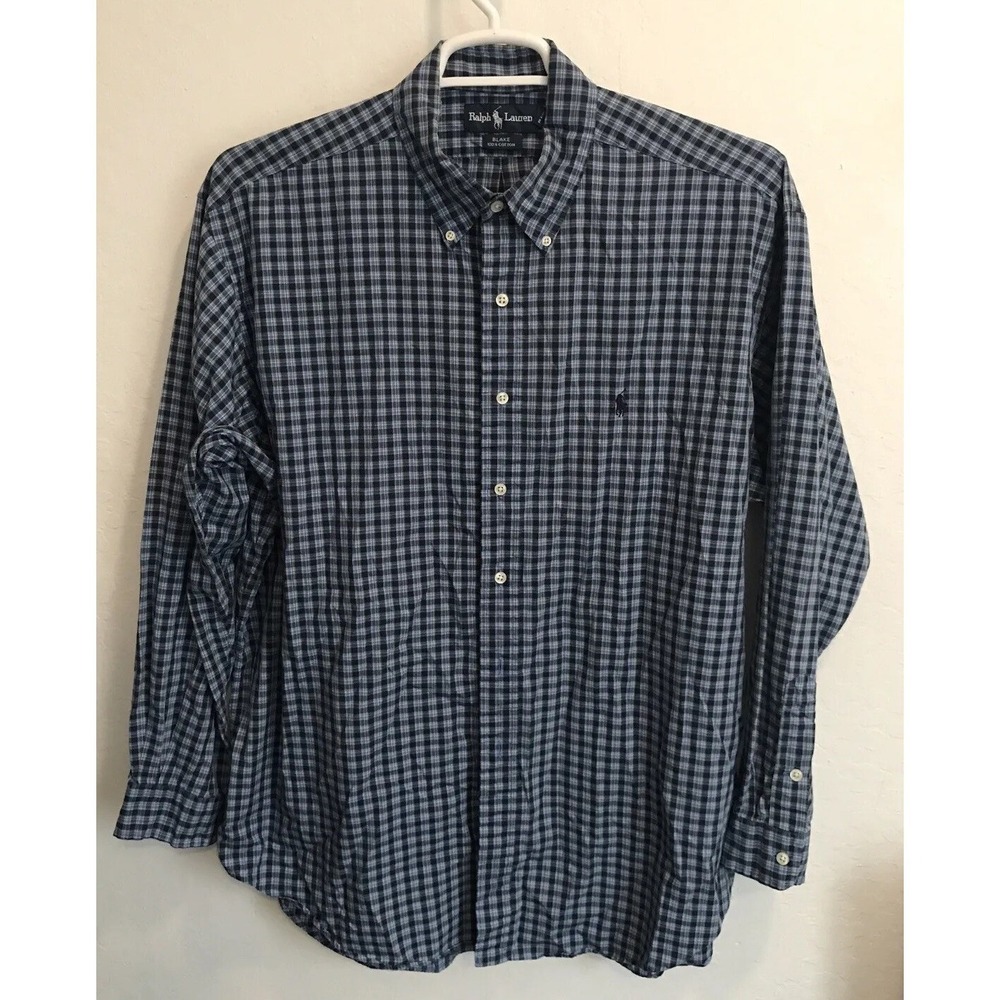 Ralph Lauren Blake Mens XL Plaid Button Down Shirt Navy Blue Green Cotton LS